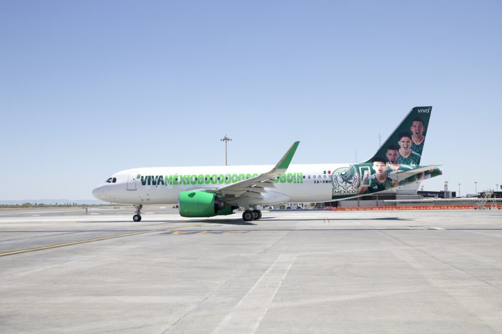 A Viva Aerobus Airbus plane with a design supporting the Mexican national football team ahead of the FIFA World Cup