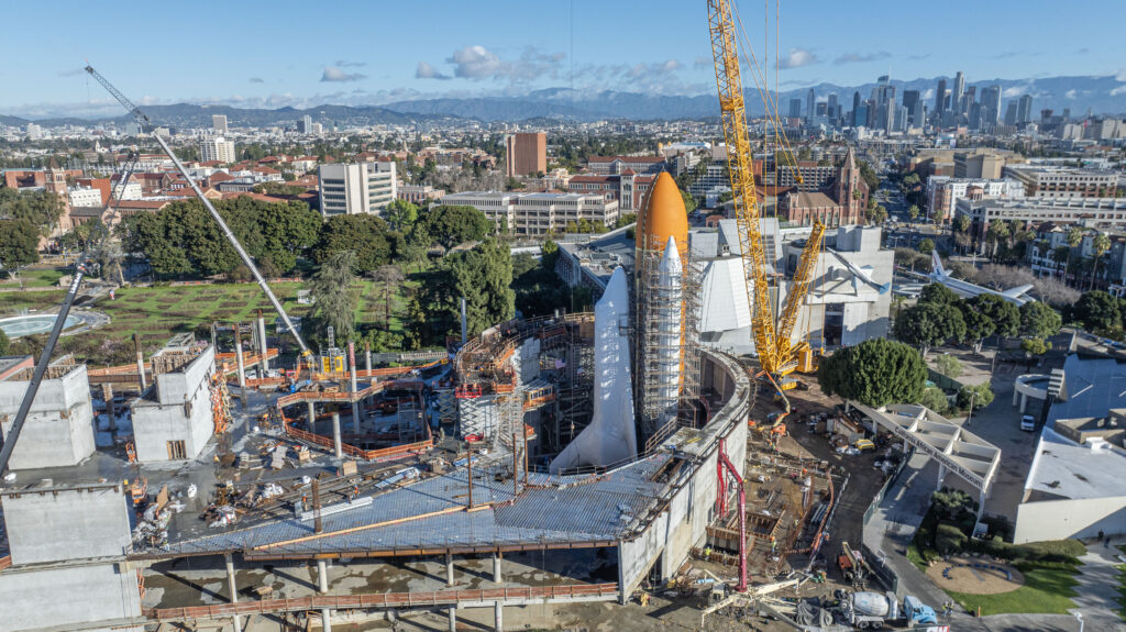 This undated image shows an aerial view of the completed Space Shuttle Endeavour Stack at the California Science Center. (Iamge courtesy California Science Center)