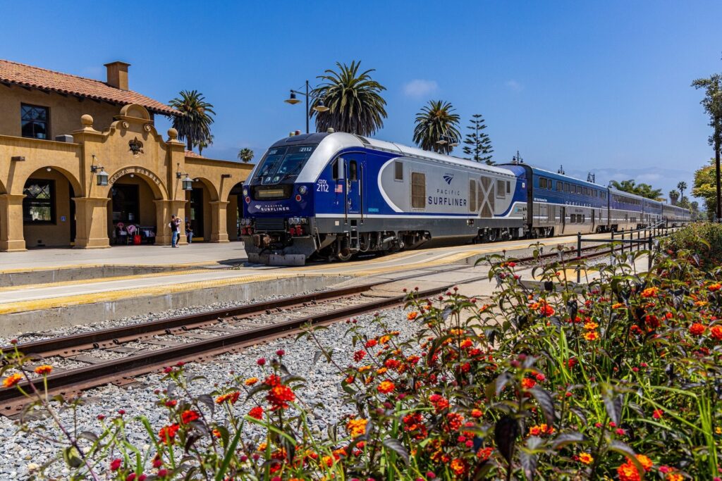 An Amtrak Pacific Surfliner train arrives at the Santa Barbara Station in this undated image provided by Amtrak