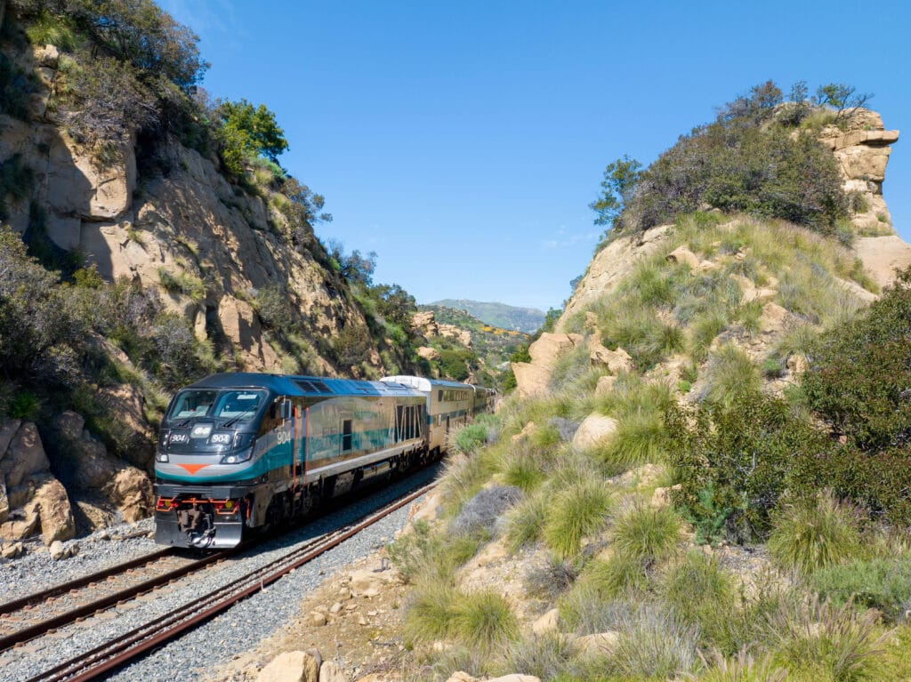 A Metrolink train traverses the Santa Susana Pass in Chatsworth in this undated promotional image from Metrolink.
