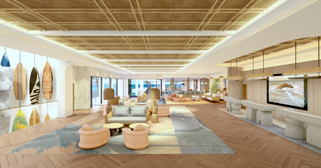 Rendering of the Outrigger Waikiki Beach Resort's new lobby adn reception area are shown in this promotional image from Outrigger Hospitality Group.