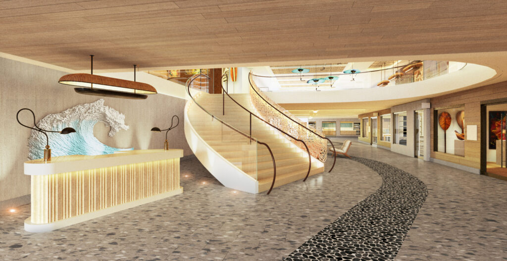 Rendering of the Outrigger Waikiki Beach Resort's new reception and staircase are shown in this promotional image from Outrigger Hospitality Group.