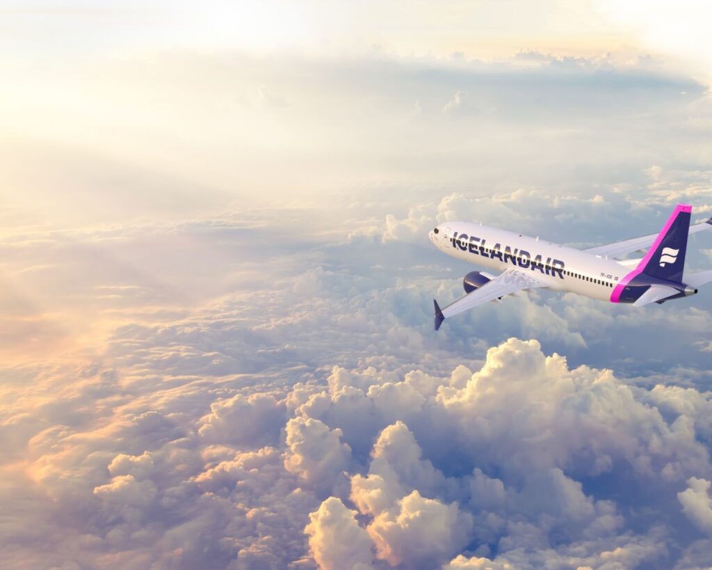 An Icelandair plane flies over an open skyway in this undated promotional image