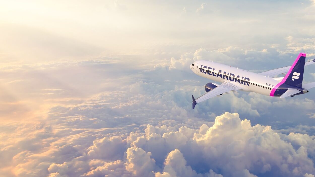 An Icelandair plane flies over an open skyway in this undated promotional image