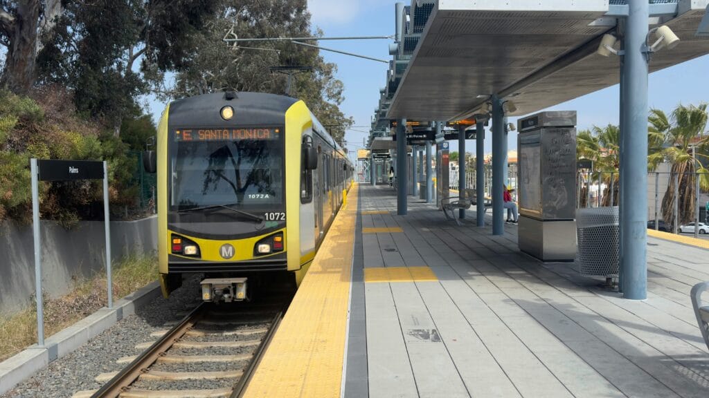 The LA Metro E Line train is seen at the Palms Station as gas prices soar in this undated image