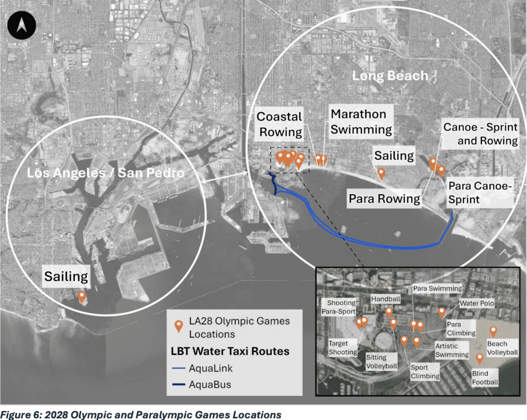 A map from LA Metro's water taxi feasibility study shows the 2028 Olympic venues and potential service routes. (LA Metro)