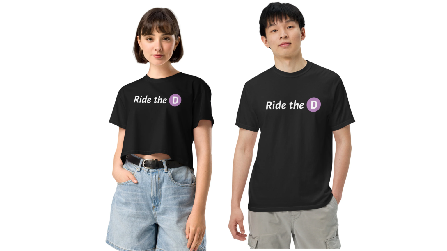 A man and woman wear the viral LA Metro "Ride the D" t-shirts that quickly sold out upon their release in early 2026. On April 8, LA Metro announced the shirts were back in stock. (LA Metro)