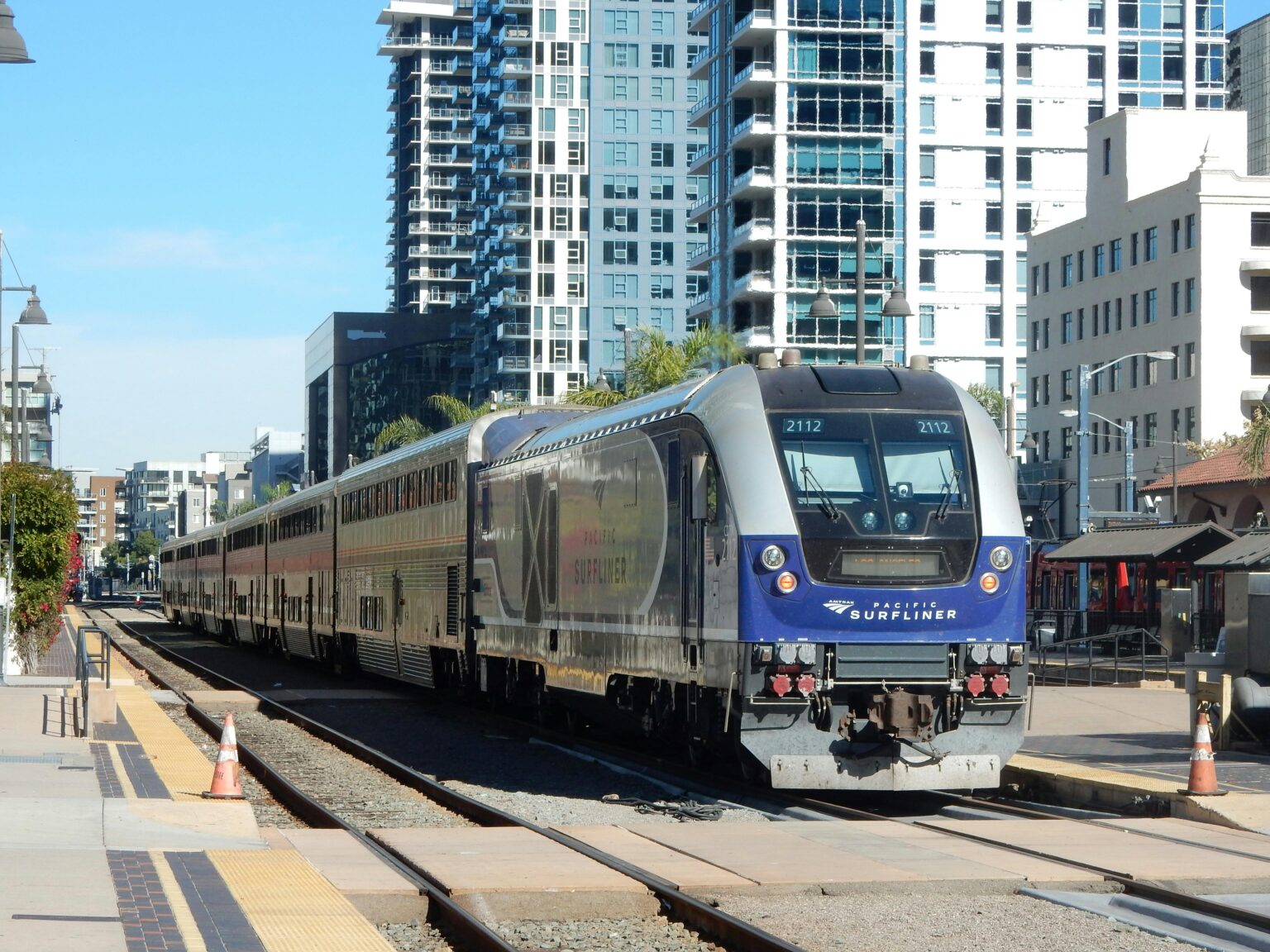 An Amtrak Pacific Surfliner train arrives at the downtown San Diego station