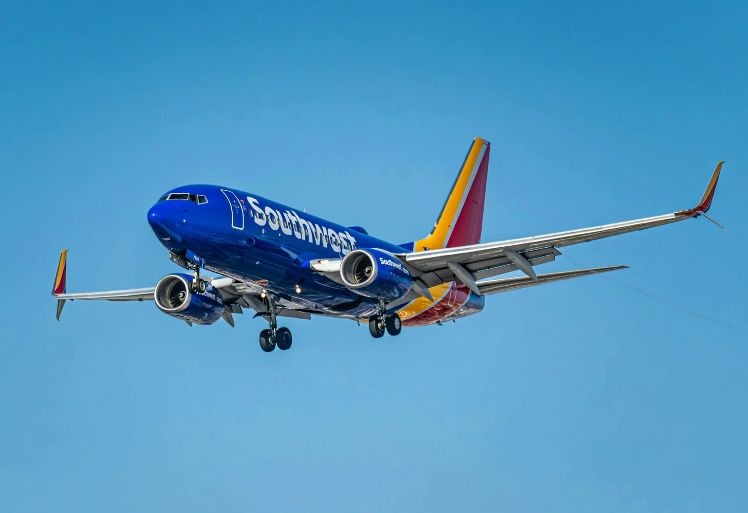 Southwest Airlines plane flying overhead