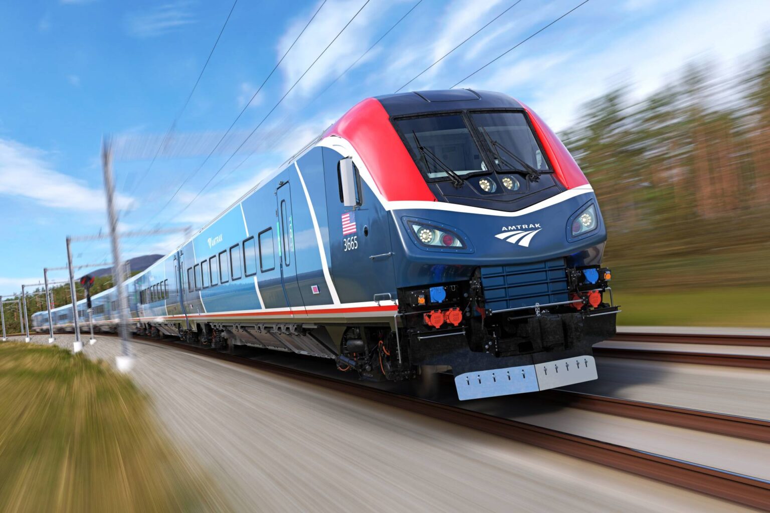 Rendering of an Amtrak Airo trainset traveling among green vegetation. (Amtrak)