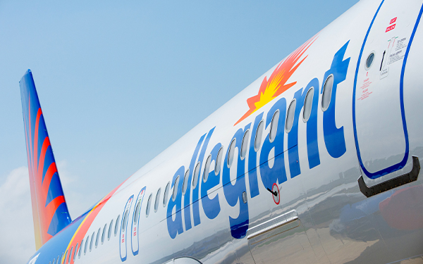 The Allegiant Air logo on the side of a commercial jet is seen in this undated promotional image.