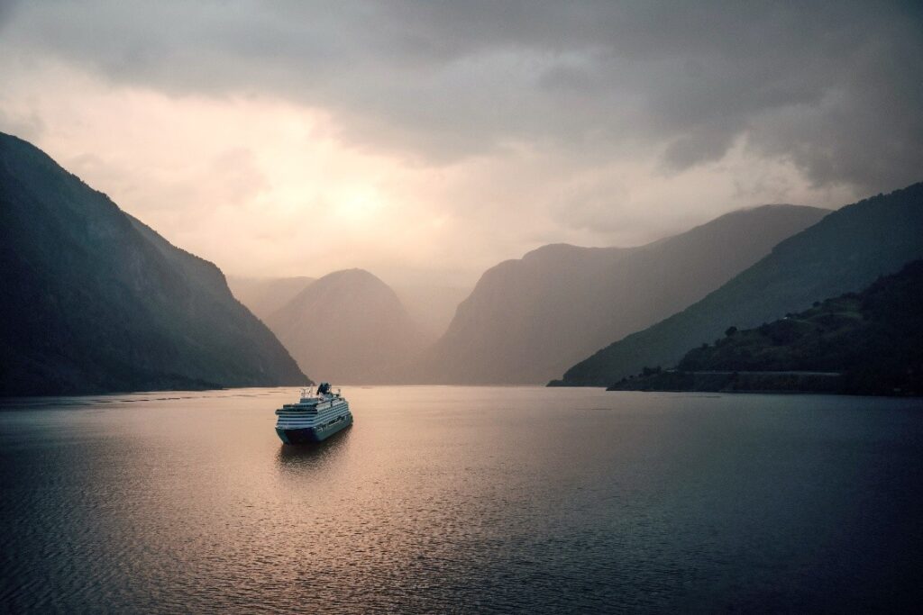 View of the Explora III luxury cruise ship sailing through an undisclosed location in Northern Europe in this undated promotional image from Explora Journeys.