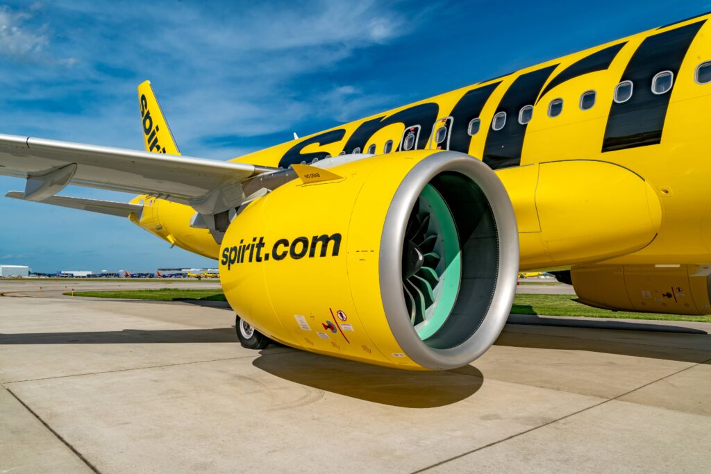 Promotional image shows the iconic yellow livery of the now-defunct Spirit Airlines planes.
