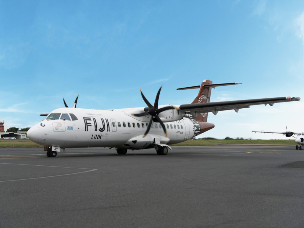 A Fiji Link ATR 42 aircraft is shown stationary at an airport tarmac in this undated promotional image from Fiji Airways.