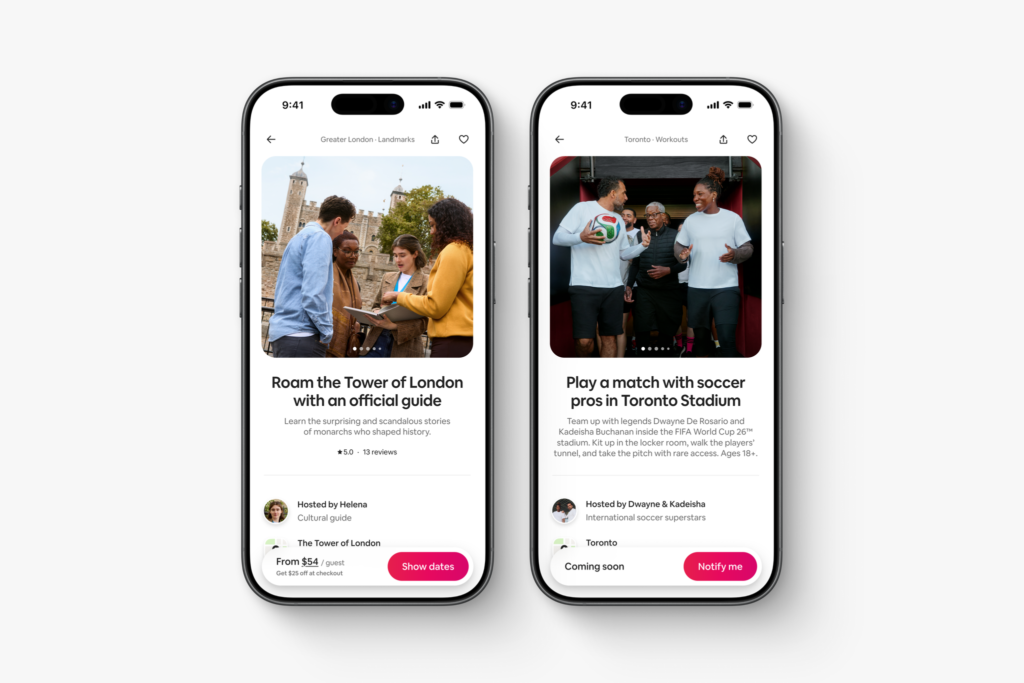 Promotional image shows two new experiences that guests can book through the Airbnb app. 