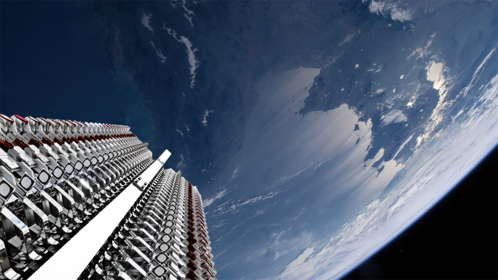 Promotional imagery from American Airlines shows a rendering of Starlink satellites in low-earth orbit. (Courtesy American Airlines)