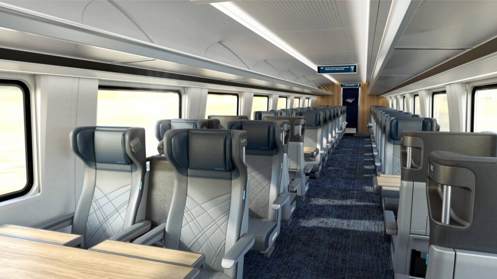 Rendering of the interior of an Amtrak Airo business class cab car. (Amtrak)