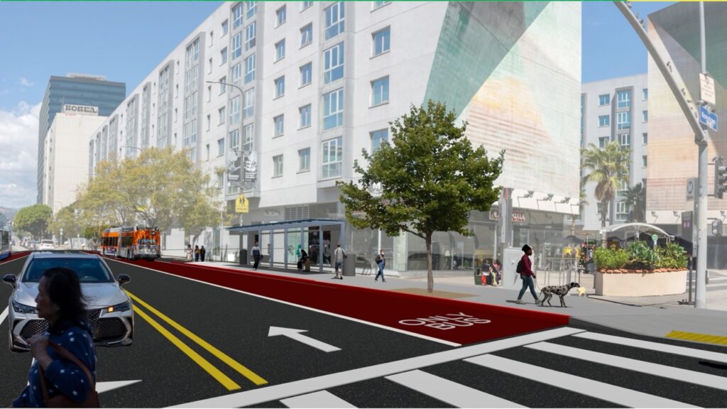 Rendering of a section of the proposed Vermont Bus Rapid Transit in Los Angeles is seen in this presentation image from LA Metro.