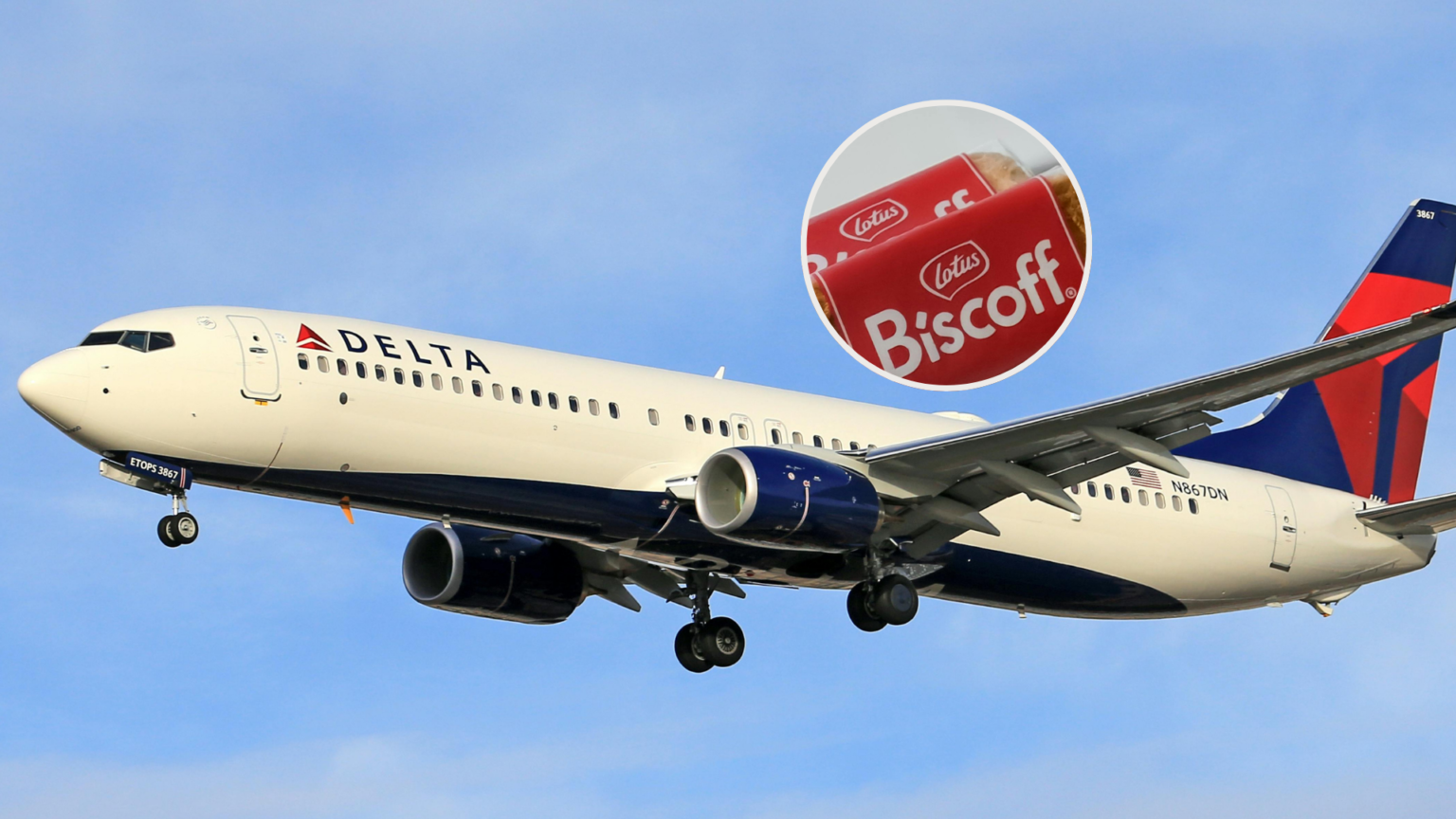 A Delta Airlines plane is seen in this undated image with a photo of Biscoff cookies in the foreground. (Photos courtesy Pexels.com)