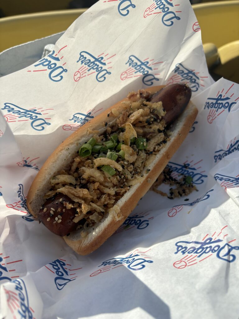 A Japanese-inspired hot dog at Dodger Stadium as part of Japanese heritage celebrations in July 2024. (Travis Schlepp/Rabble News)