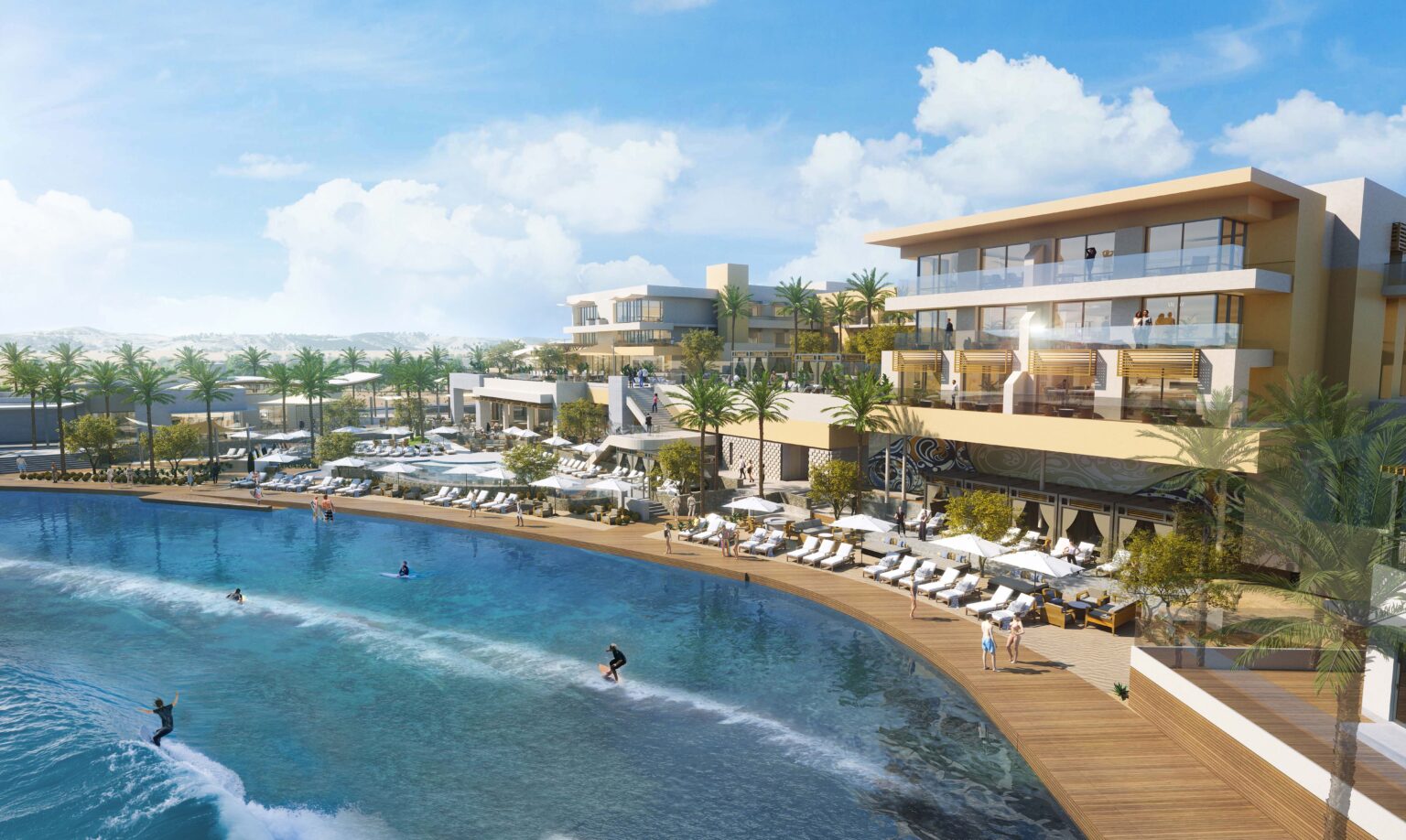 Renderings of the DSRT Surf luxury resort and surfing lagoon located in Palm Desert, California. (DSRT Surf)