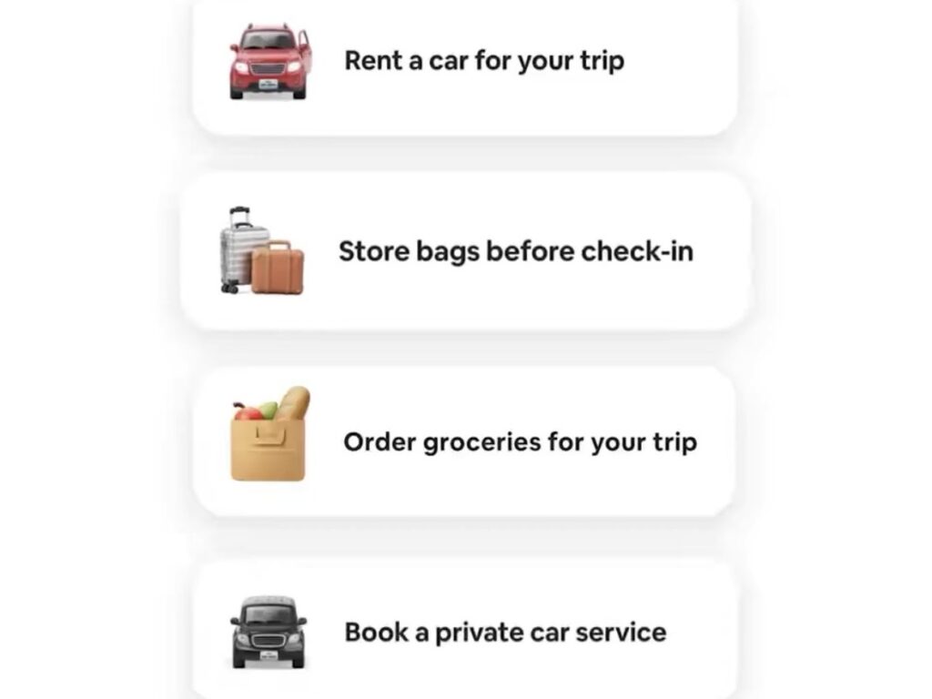 This promotional image lists the new services you can book on Airbnb including grocery delivery and airport pickup