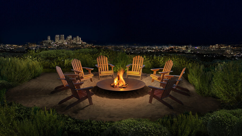 This image rendering shows the rooftop firepit at Public West Hollywood, a boutique luxury hotel opening in Los Angeles in July 2026. (Image courtesy of Public West Hollywood)