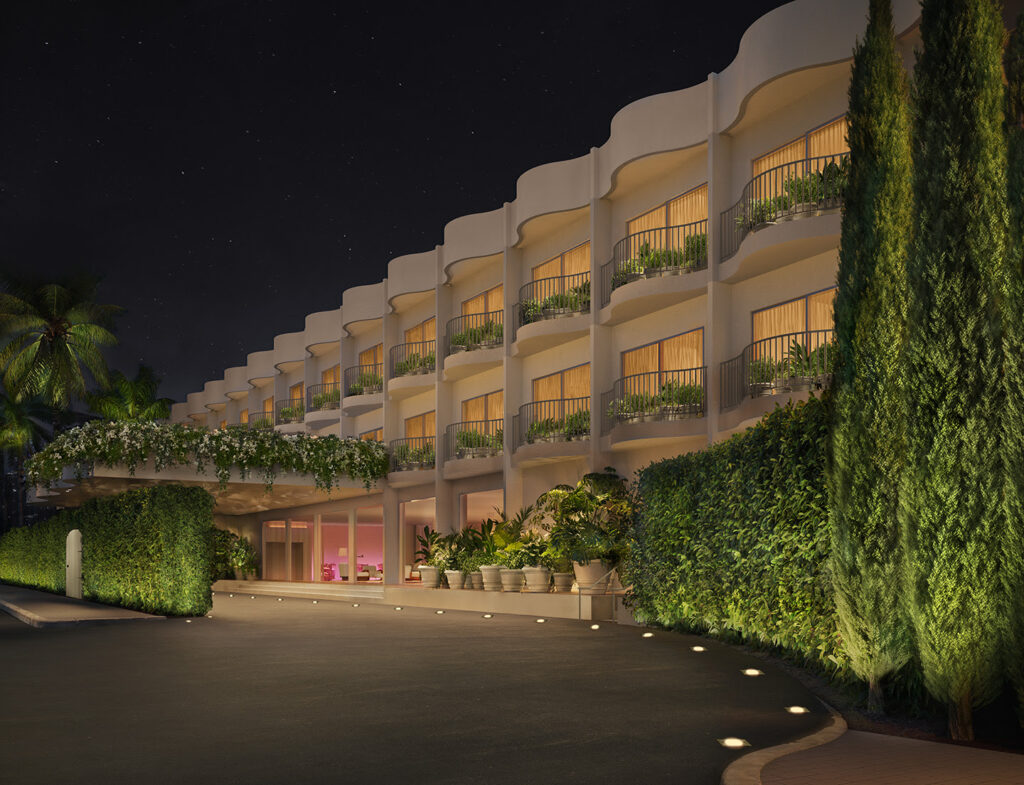 This image rendering shows the exterior of Public West Hollywood, a boutique luxury hotel opening in Los Angeles in July 2026. (Image courtesy of Public West Hollywood)