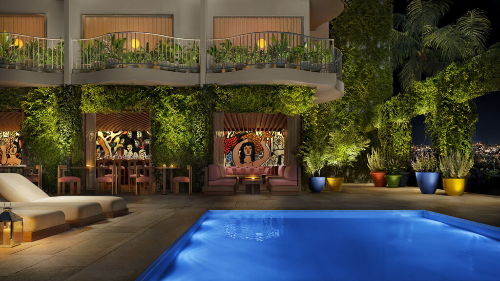 This image rendering shows the exterior pool and outdoor space of Public West Hollywood, a boutique luxury hotel opening in Los Angeles in July 2026. (Image courtesy of Public West Hollywood)