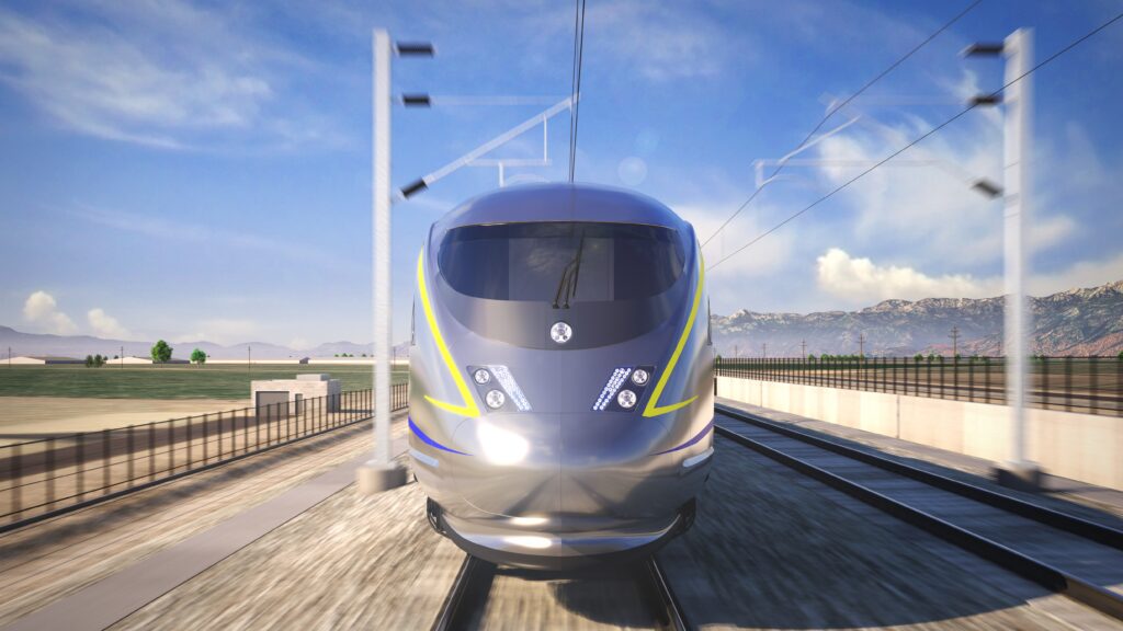 Rendering shows the proposed California High-Speed Rail bullet train traversing through the California Central Valley. (California High-Speed Rail Authority)