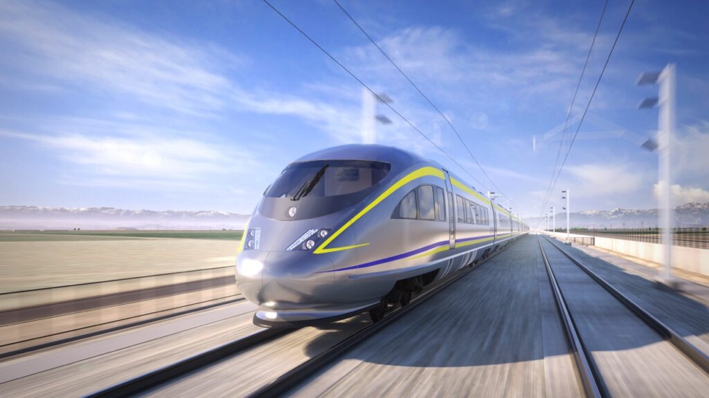 Rendering shows the proposed California High-Speed Rail bullet train traversing through the California Central Valley. (California High-Speed Rail Authority)
