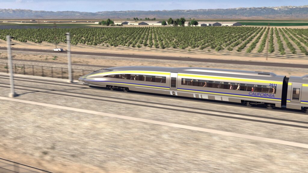 Rendering shows the proposed California High-Speed Rail bullet train traversing through the California Central Valley. (California High-Speed Rail Authority)
