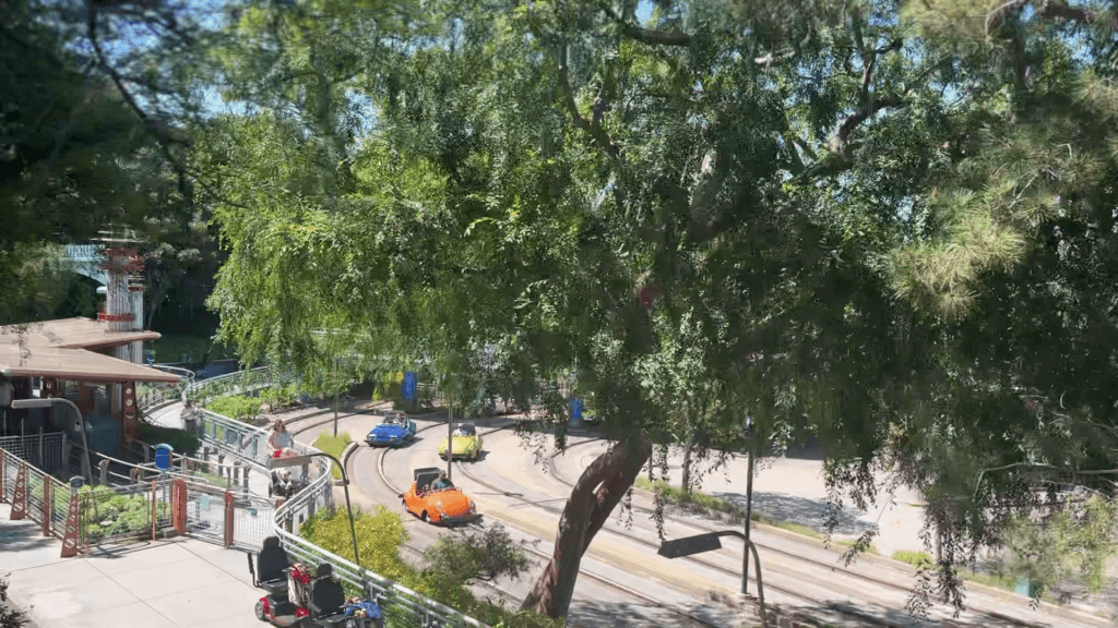 Autopia vehicles circle the track at Disneyland in Anaheim, California, as seen from the Disney Monorail on April 6, 2025. (Travis Schlepp)