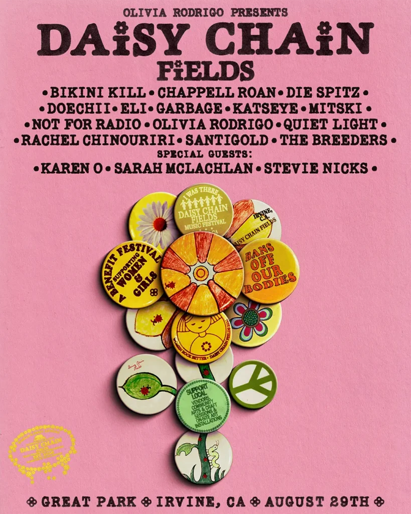 Daisy Chain Fields festival poster promoting the upcoming concert festival at Great Park in Irvine, California on Aug. 29, 2026.