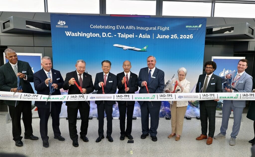EVA Air guests pose for the ceremonial ribbon cutting at Washington Dulles International Airport, marking the launch of EVA Air’s new Dulles service on June 26, 2026. (EVA Air)