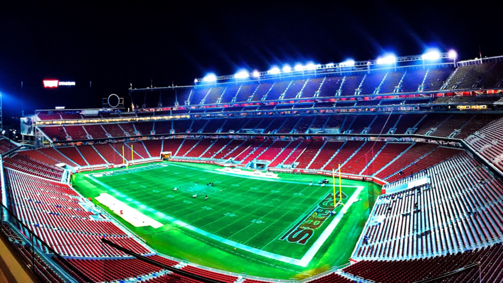 Levi's Stadium in Santa Clara, California, is shown at night time in this undated image from Pexels.com; the stadium will serve as a host playing field for the 2026 FIFA World Cup.