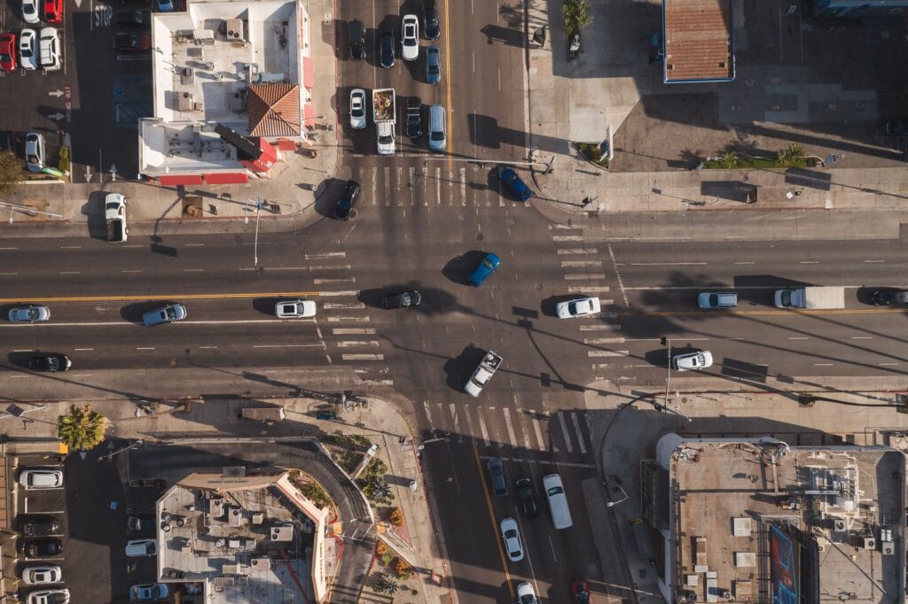 Aerial view of a busy urban intersection in Los Angeles shown in this September 2017 photo from Pexels.com