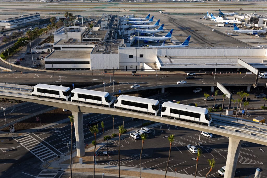 Aerial image of the Automated People Mover Skylink at LAX in this undated image from Los Angeles World Airports. LAX People Mover