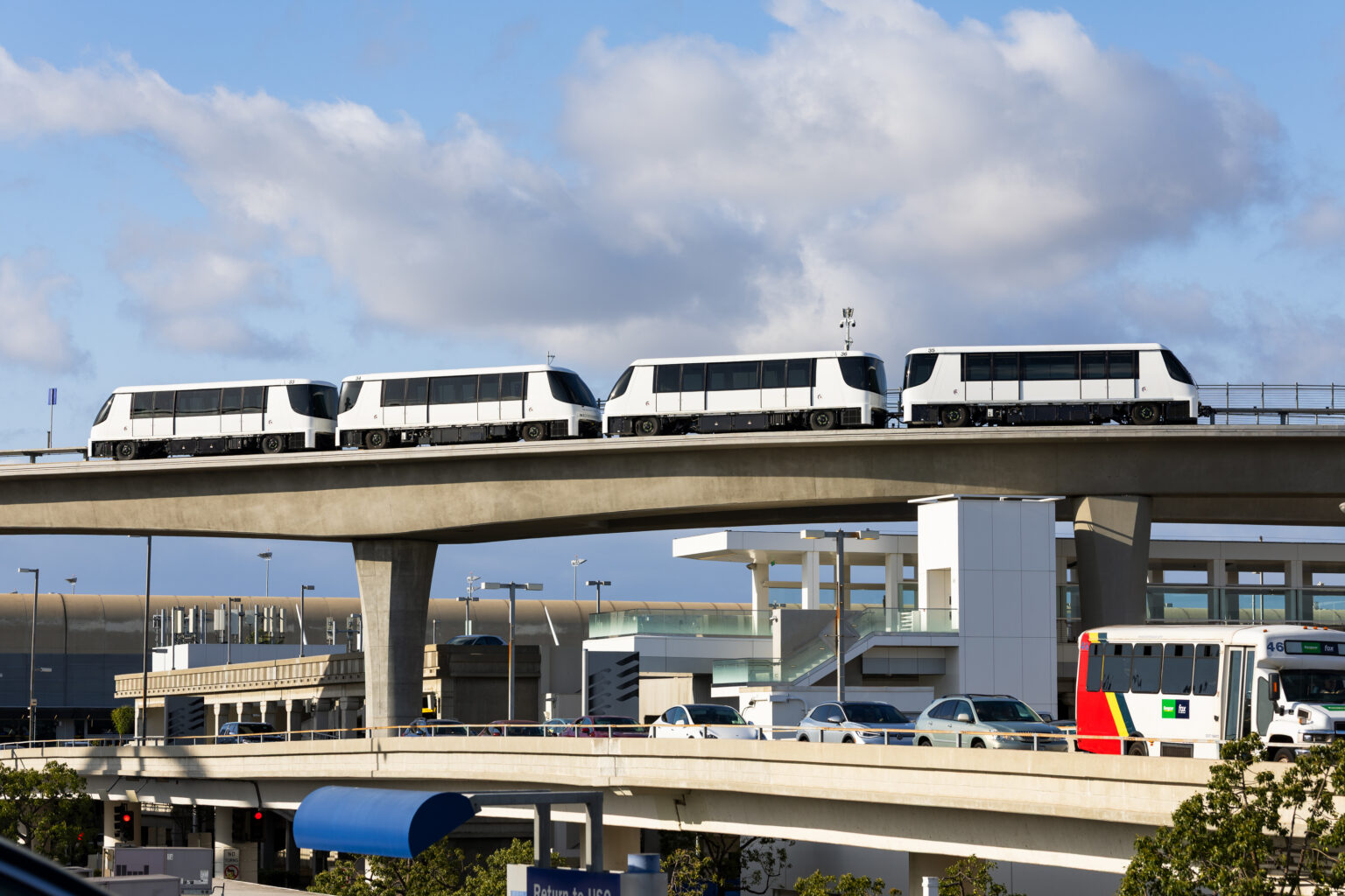 Ground level image of the Automated People Mover Skylink at LAX in this undated image from Los Angeles World Airports.