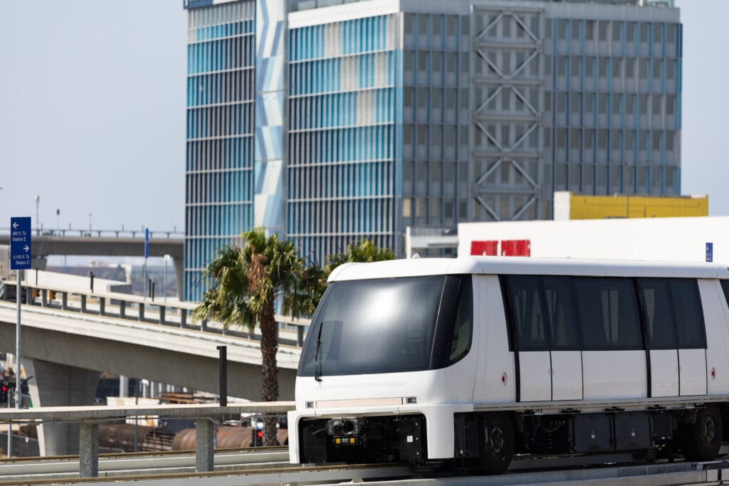 Closeup image of the Automated People Mover Skylink at LAX in this undated image from Los Angeles World Airports.