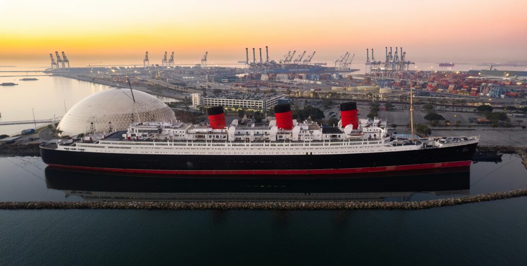 The original Queen Mary photographed at sunset in Long Beach on Jan. 18, 2023. (Photo by Matthew Davis on Unsplash)