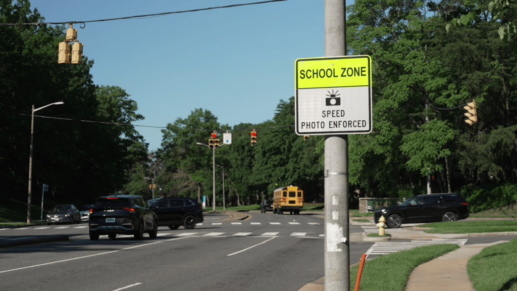 B-roll from Verra Mobility shows a sign warning of a speed camera in a school zone in an undated promotional video. Similar speed cameras will be deployed in Los Angeles in summer 2026. (Verra Mobility)