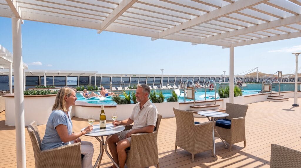 This promotional image shows residents of the Villa Vie Odyssey enjoying a meal on the pool deck. (Villa Vie Residences)