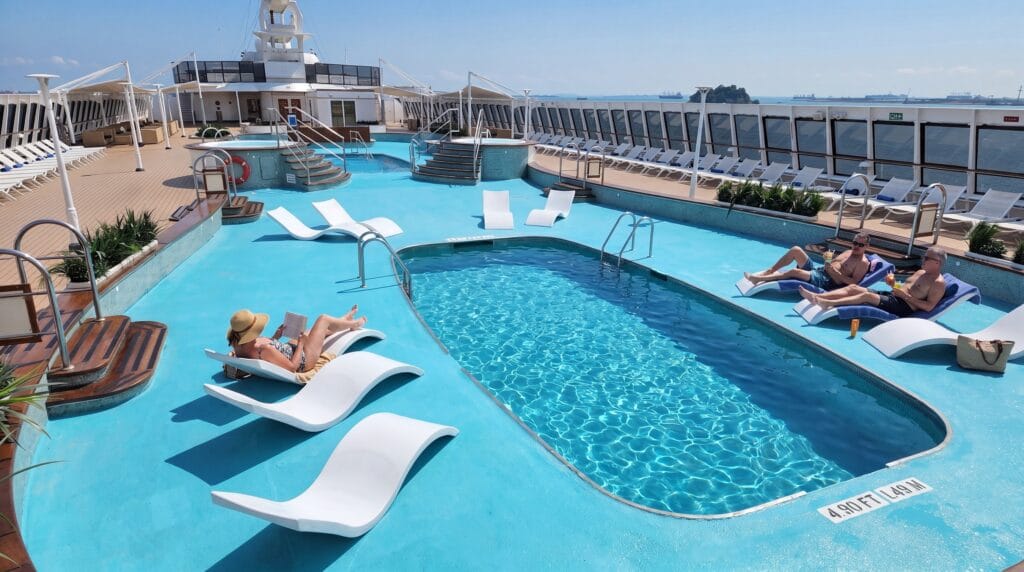 The pool deck of the Villa Vie Odyssey is seen in this undated promotional image from the cruise line company.
