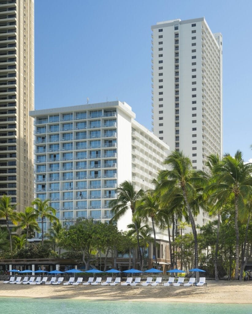 Exterior of the Alohilani Resort Waikiki Beach is shown in this undated promotional image provided courtesy of the hotel.