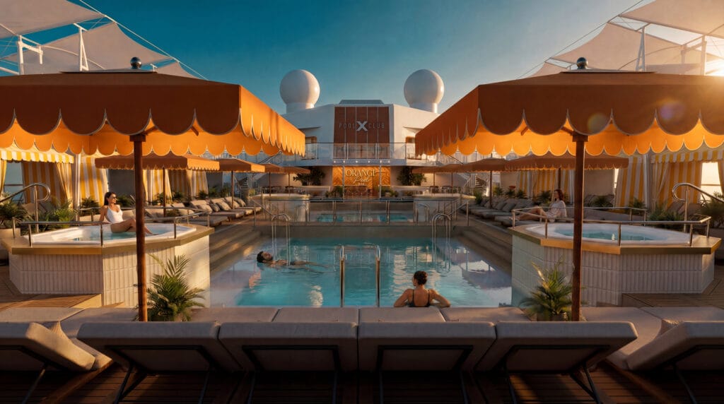Renderings of the updated rooftop pool of the Celebrity Reflection cruise ship, which is set to debut in March 2027. (Celebrity Cruises)