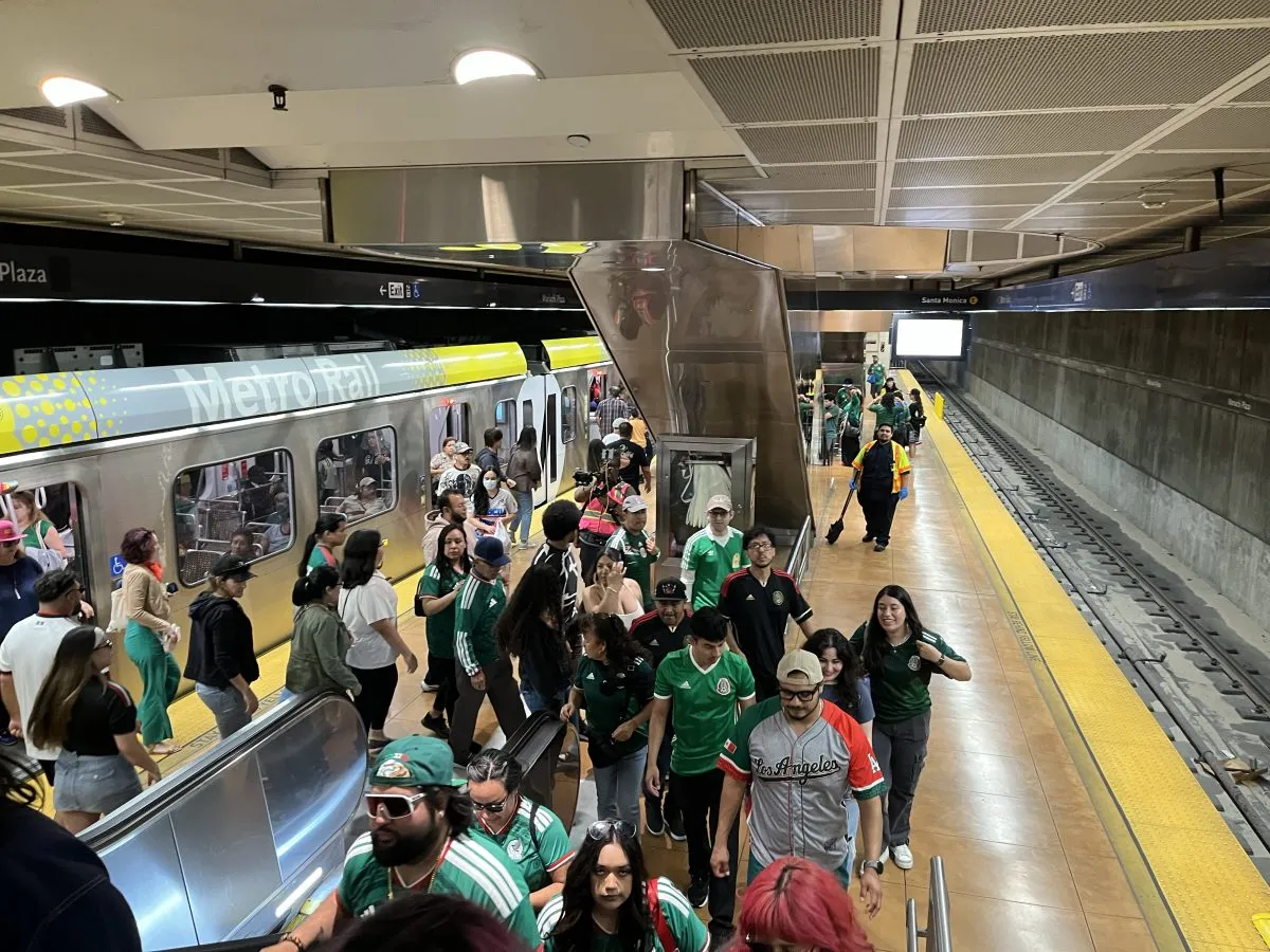 World Cup, Pride events drive big ridership numbers for LA Metro Riders disembark at the Mariachi Plaza station on the LA Metro E Line during June 2026 World Cup events. (LA Metro/The Source)