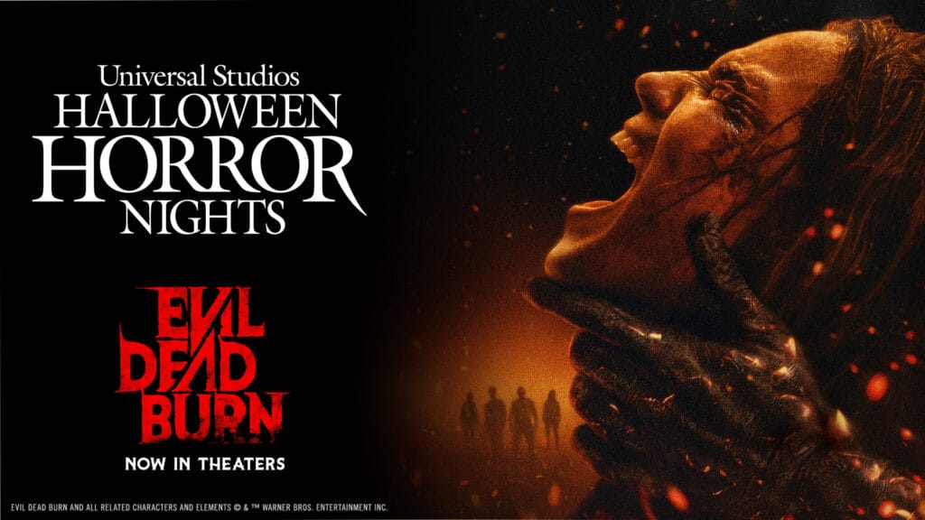 This promotional image shows the latest Evil Dead film, 'Evil Dead Burn,' which will make its debut with its own haunted house for 2026 Halloween Horror Nights at Universal Studios in Orlando and Los Angeles. (Courtesy: Universal)