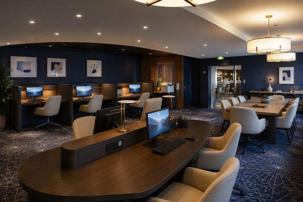 This promotional image from Villa Vie Residences shows what the business center aboard the Legacy residential cruise ship would look like. (Villa Vie Residences)