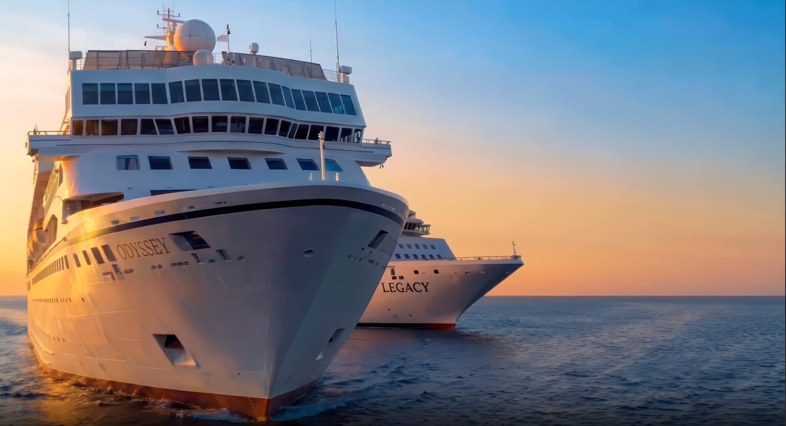 This promotional image from Villa Vie Residences shows the newly announced Legacy approaching behind the company's first residential cruise ship, the Odyssey. (Villa Vie Residences)